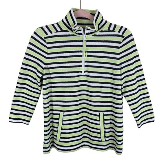 T By Talbots Cotton Blend Striped Terry Cloth 3/4 Sleeve 1/4 Zip Pullover Size P - Picture 1 of 6